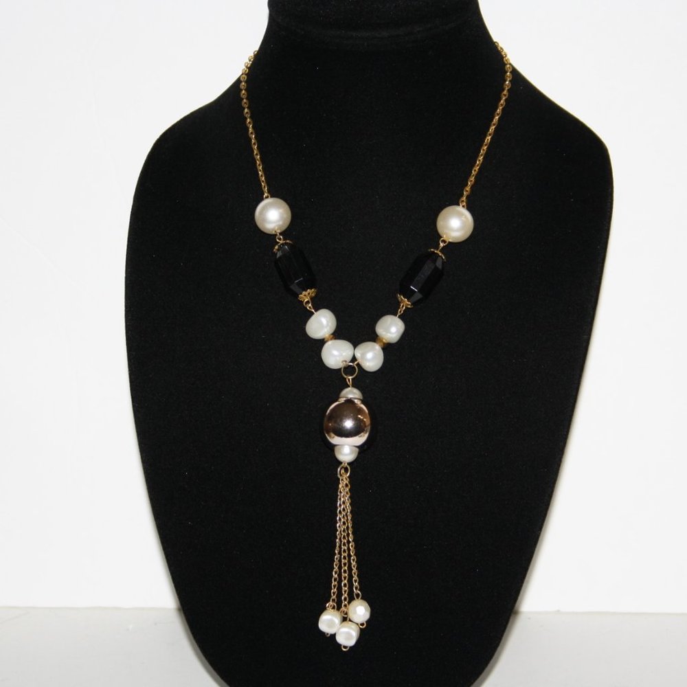 🖤 Gold, Pearl & Black Bead Necklace · 24" Slip-On · Vintage Elegance ✨